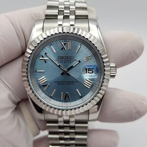 New 39mm SeikoMod Automatic Watch Sunburst Ice Blue Roman Dial